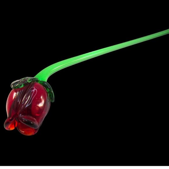 Hand Blown Long Stem Red Rose Bud Glass Flower - Picture 2 of 14